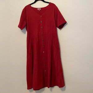 Coline | Red Button Down Short Sleeve Cotton Midi Dress Cottage Core Size Large